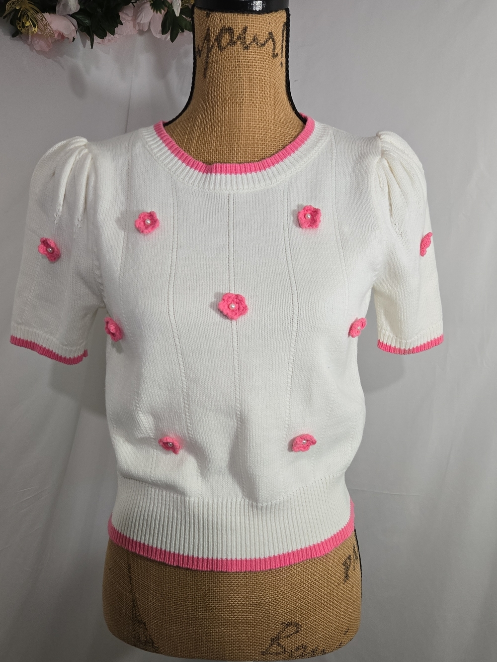 Betsey Johnson Cream Knit Top with Pink Flower Appliqués